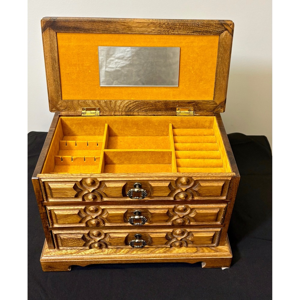 Vintage 1970s Toyo Japan Musical Jewelry Box Chest, Ornate Wood & Mustard Velvet